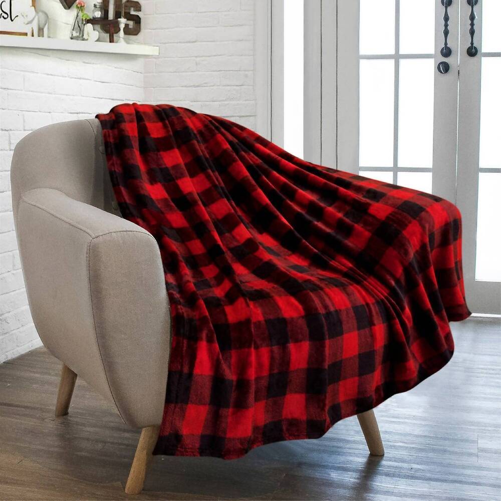 NEW PAVILIA buffalo check plaid plush fleece blanket throw in red black